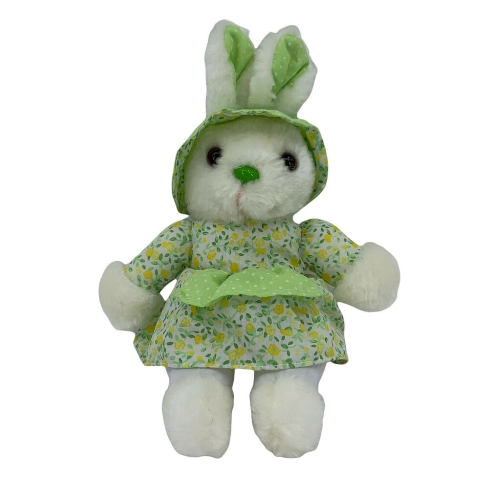 Commonwealth Bunny Rabbit Plush with Polka Dot Ears Floral Dress Green Nose 9"